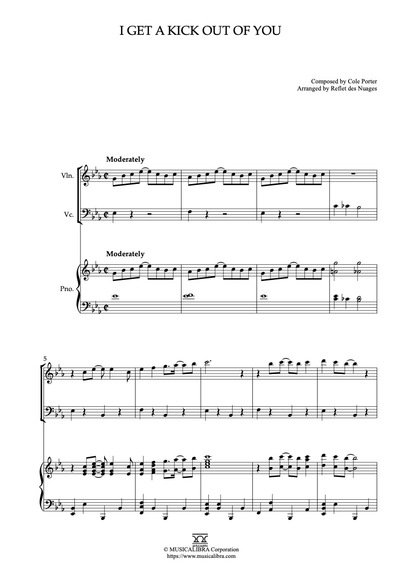Sheet music of I Get a Kick Out of You arranged for violin, cello and piano trio chamber ensemble preview page 1