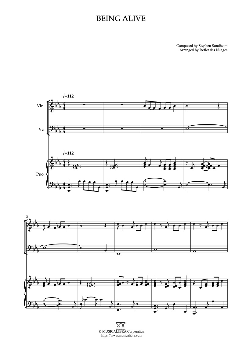 Sheet music of Musical Company Theme Being Alive arranged for violin, cello and piano trio chamber ensemble preview page 1