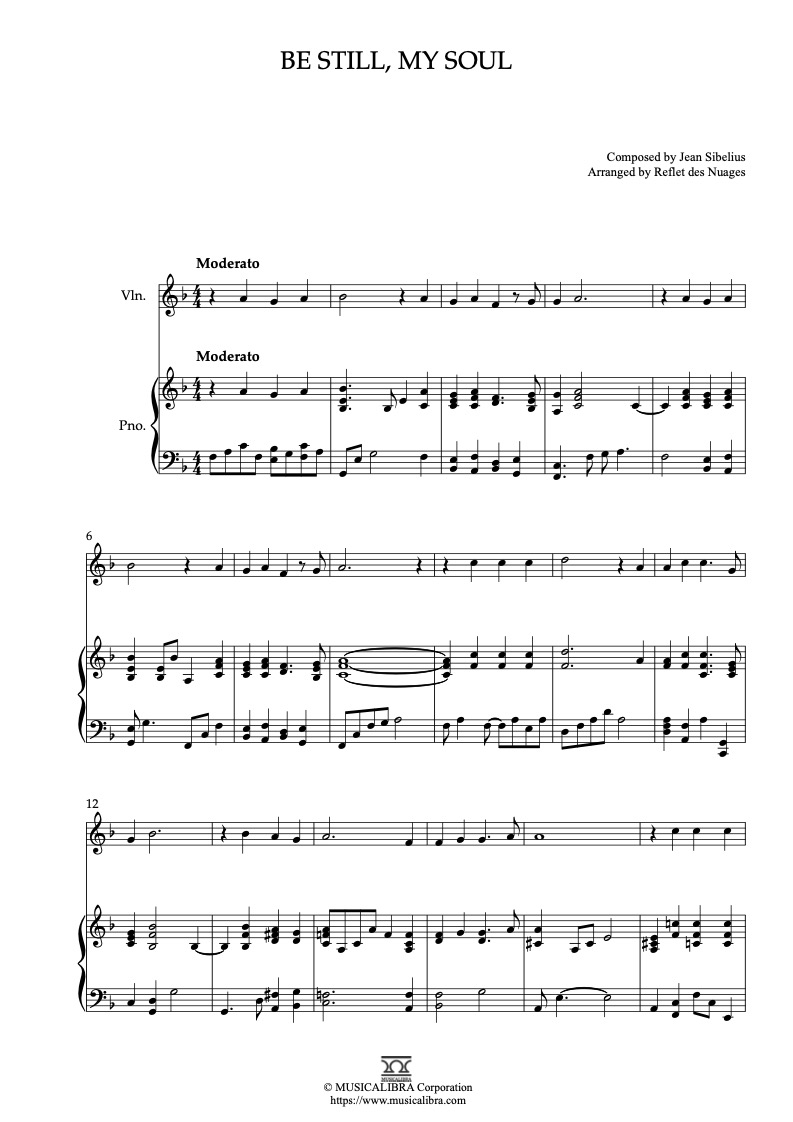 Partitura de Be Still, My Soul arreglada para dueto de violín y piano
