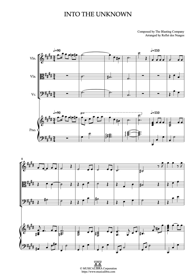 Partitura de Over the Garden Wall Into the Unknown arreglada para cuarteto de violín, viola, violonchelo y piano