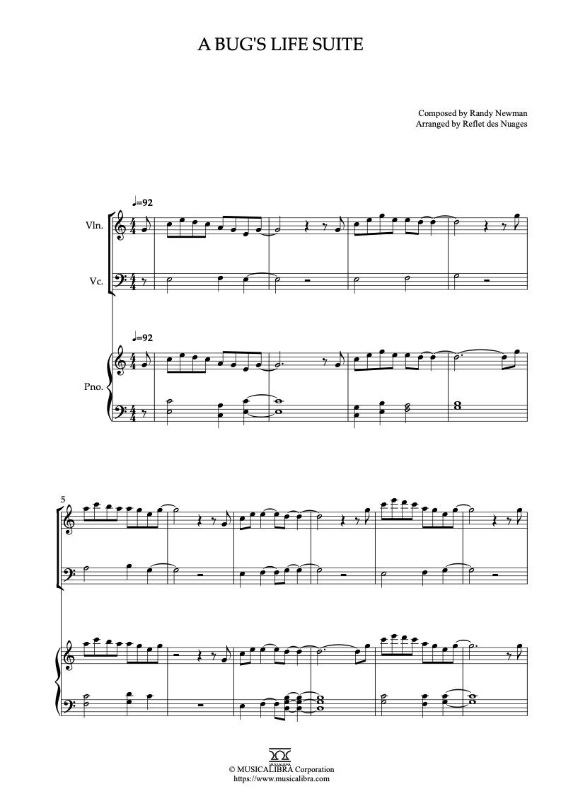 A Bug's Life Suite 編曲楽譜 - ヴァイオリン、チェロ、ピアノトリオ