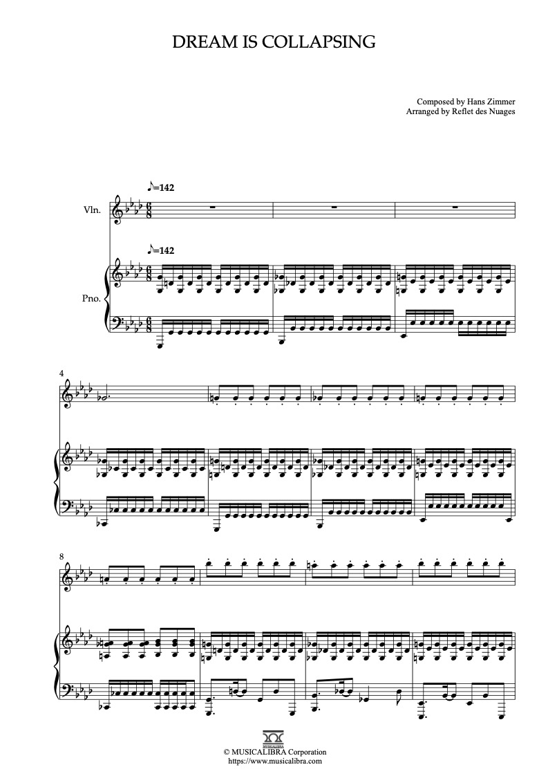 Partitura de Inception Dream Is Collapsing arreglada para dueto de violín y piano