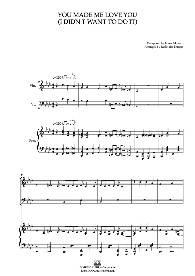Sheet music of You Made Me Love You (I Didn't Want to Do It) arranged for violin, cello and piano trio chamber ensemble preview page 1