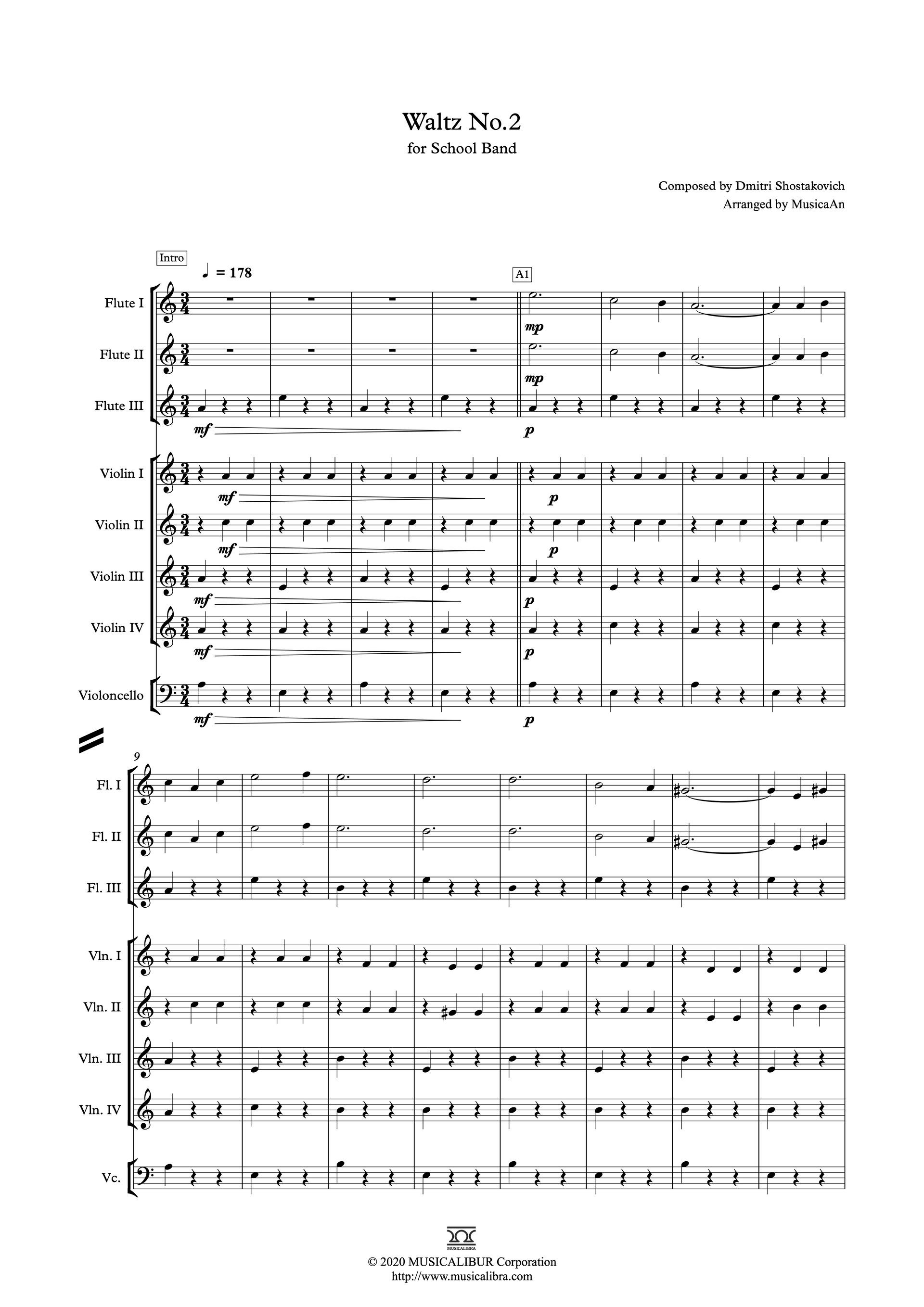 Sheet music of Shostakovich's Waltz No. 2 arranged for school band preview page 1