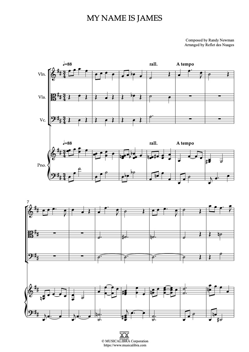 Partitura de James and the Giant Peach My Name Is James arreglada para cuarteto de violín, viola, violonchelo y piano