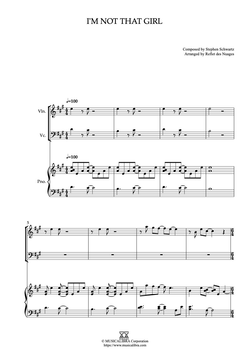 Partitura de Wicked I'm Not That Girl arreglada para trío de violín, violonchelo y piano