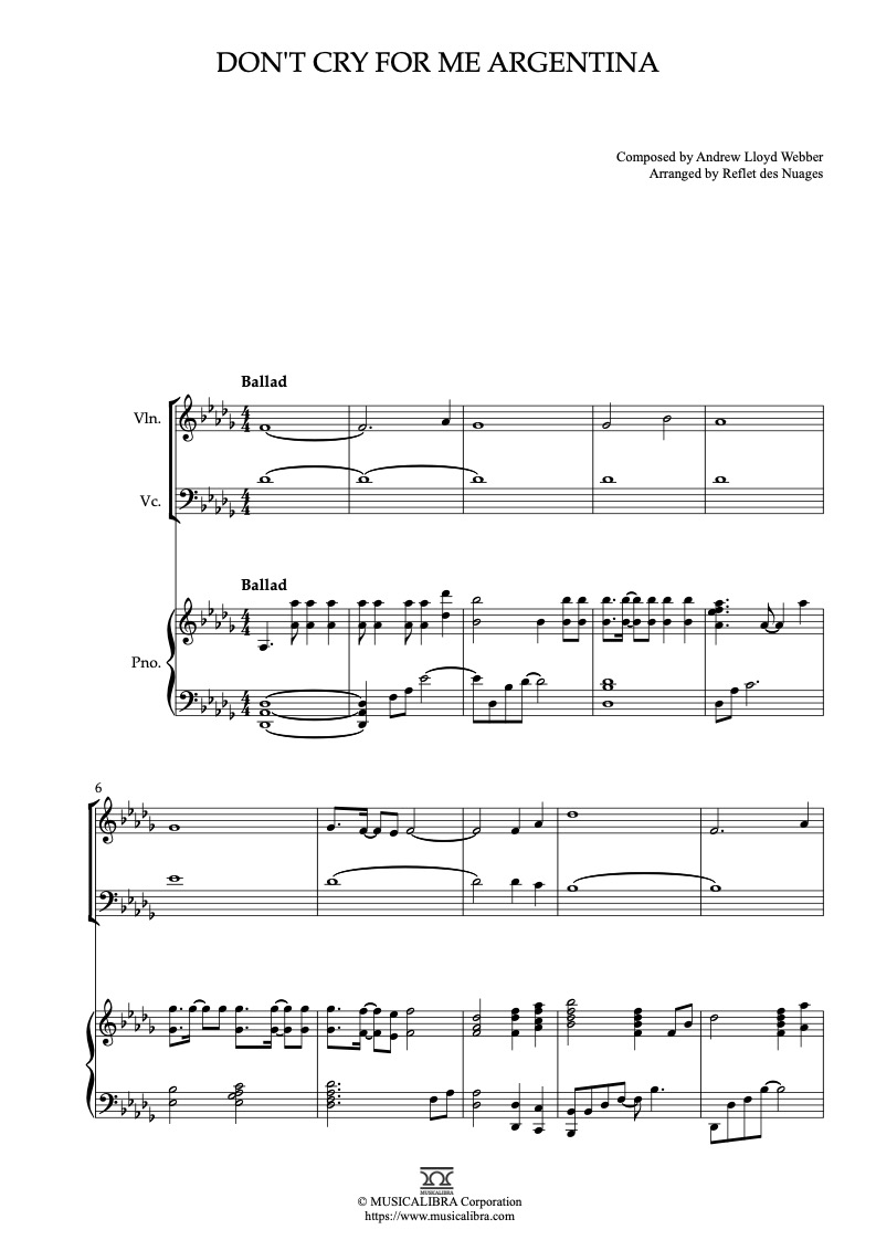 Evita Don't Cry for Me Argentina 三重奏 乐谱 - 小提琴, 大提琴, 钢琴