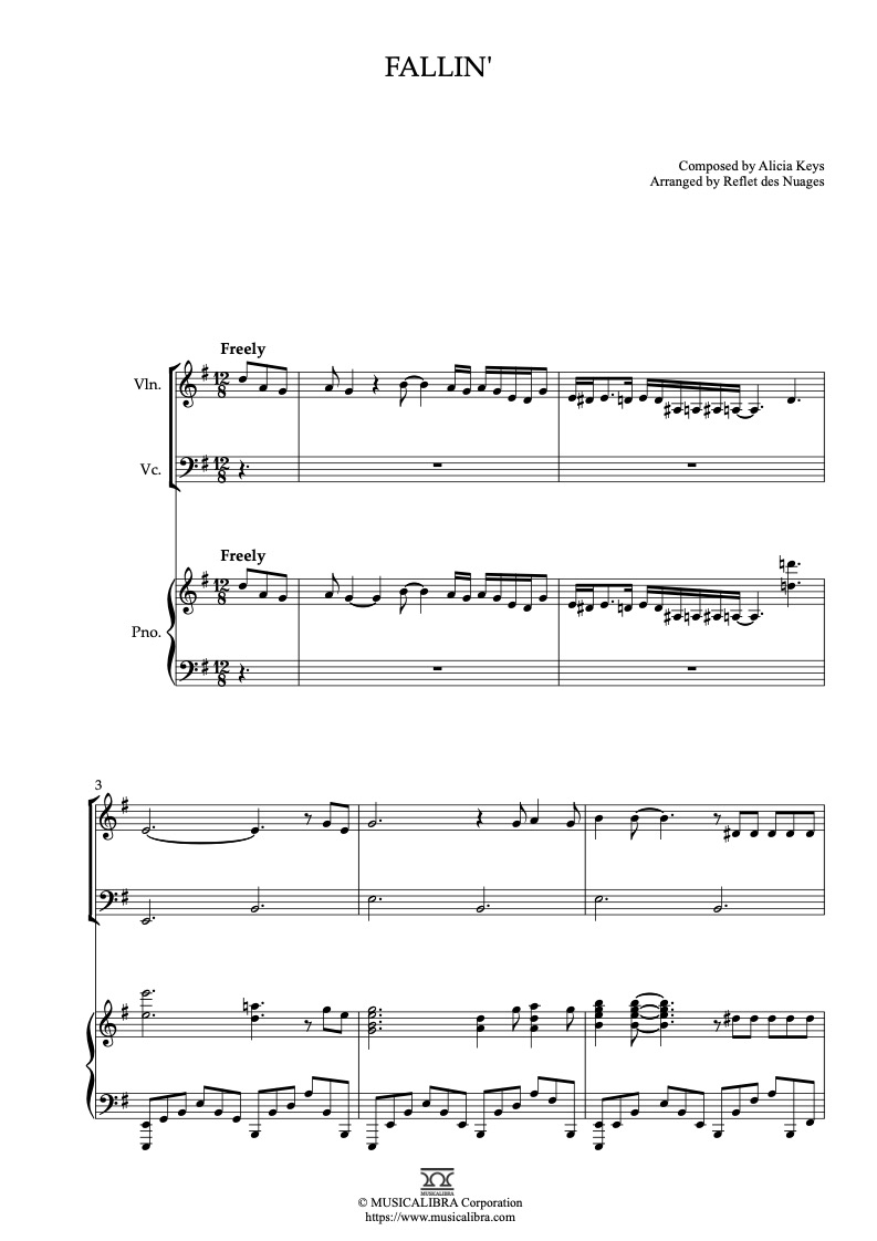 Partitura de Alicia Keys Fallin' arreglada para trío de violín, violonchelo y piano