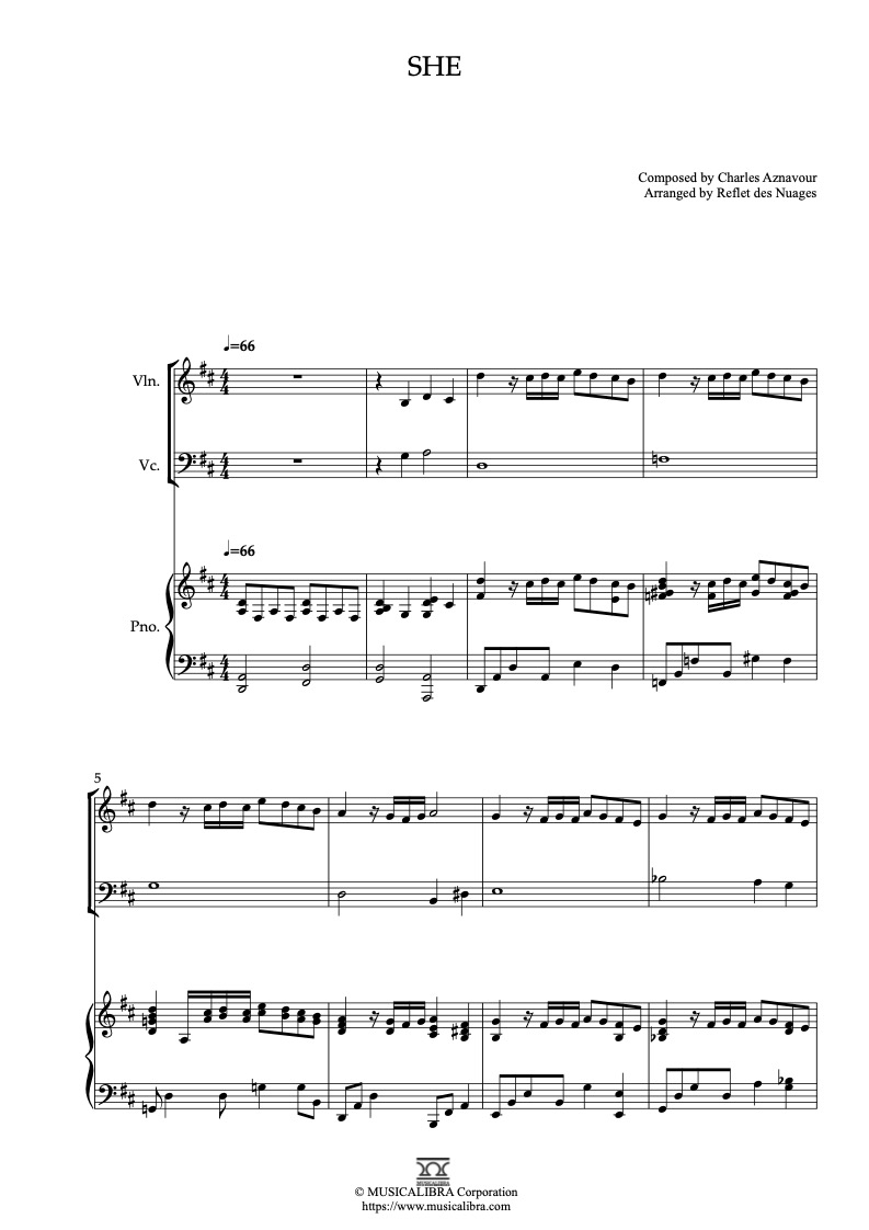 Partitura de Notting Hill Theme She arreglada para trío de violín, violonchelo y piano