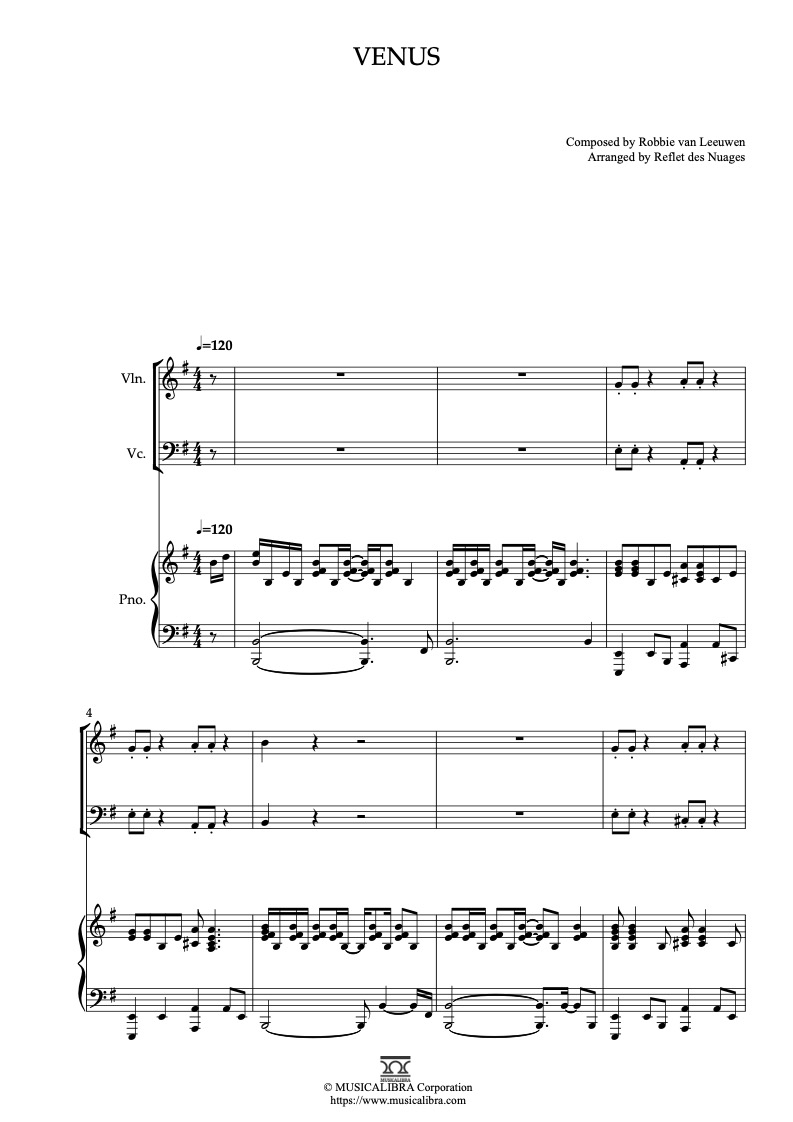 Sheet music of Bananarama Venus arranged for violin, cello and piano trio chamber ensemble preview page 1