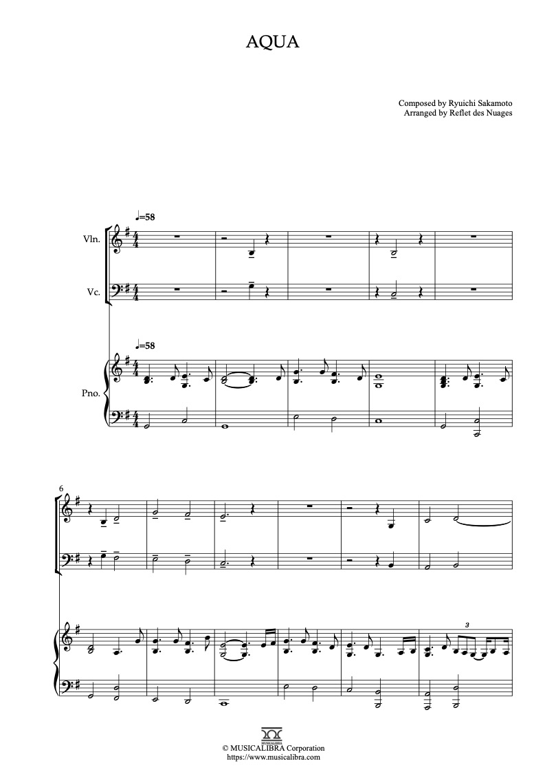 류이치 사카모토 Ryuichi Sakamoto Aqua 바이올린, 첼로, 피아노 트리오 실내악 앙상블 편곡 악보