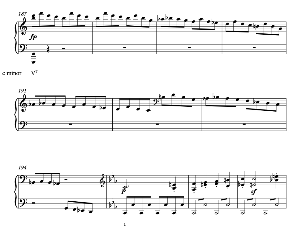 Analysis of Beethoven Piano Sonata No. 8 in C minor, Op. 13, "Sonata Pathétique" - mm. 187 - 194. Development Group 3