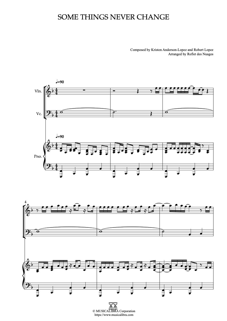 Frozen 2 Some Things Never Change 編曲楽譜 - ヴァイオリン、チェロ、ピアノトリオ