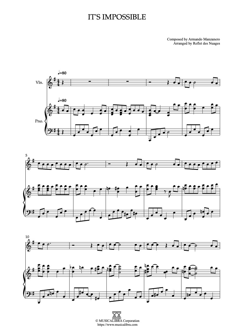 Sheet music of Perry Como It's Impossible arranged for violin and piano duet preview page 1
