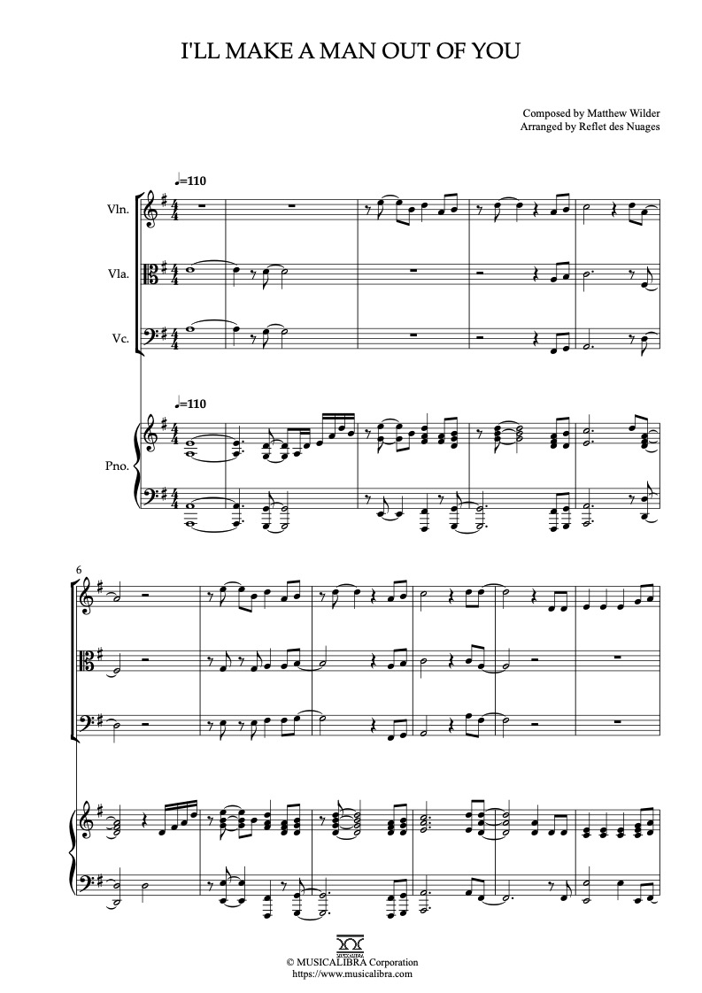 Sheet music of Mulan I’ll Make a Man Out of You arranged for violin, viola, cello and piano quartet chamber ensemble preview page 1
