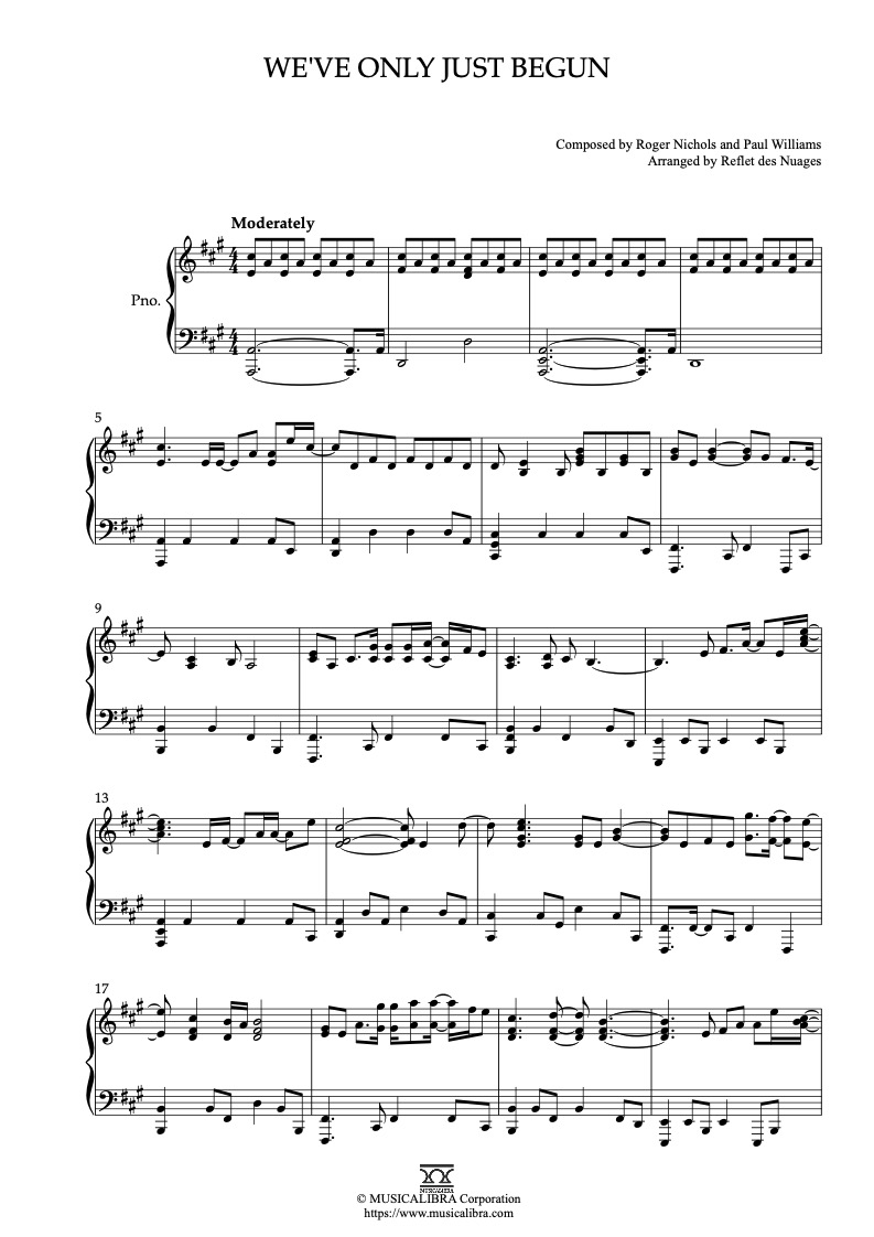 Partitura de Carpenters We've Only Just Begun arreglada para piano solo