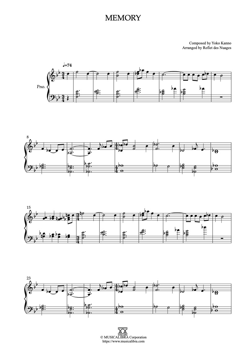 Sheet music of Cowboy Bebop Memory arranged for piano solo preview page 1