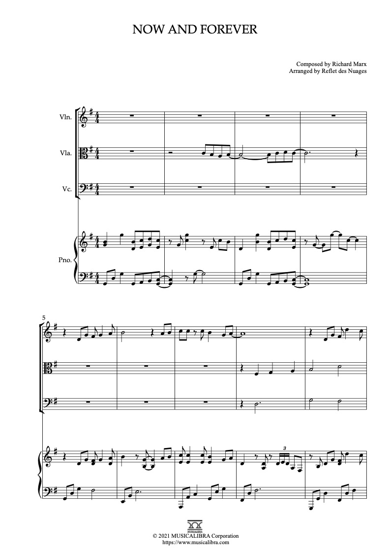 Richard Marx Now and Forever 編曲楽譜 - ヴァイオリン、ビオラ、チェロ、ピアノ 室内楽 アンサンブル