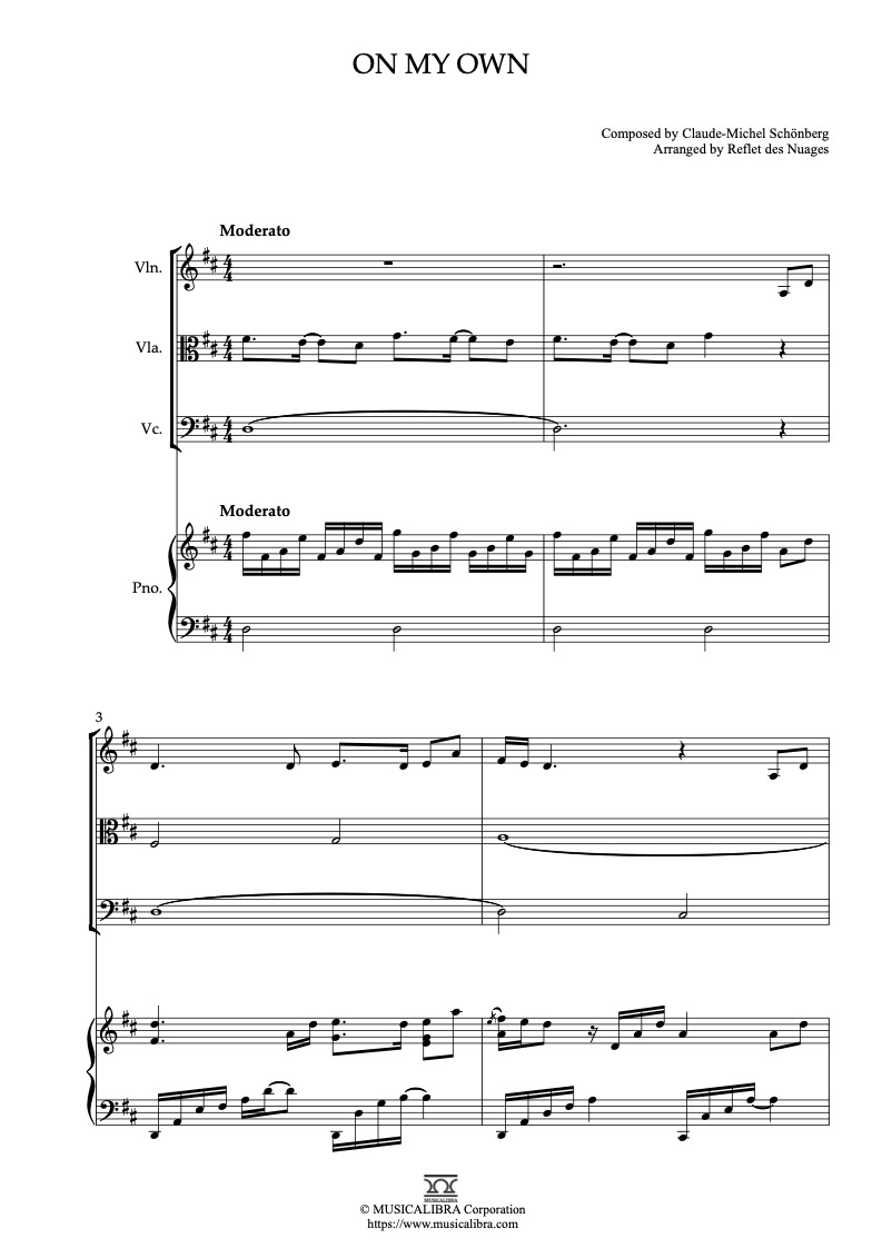 Les Misérables On My Own 四重奏 乐谱 - 小提琴, 中提琴, 大提琴, 钢琴