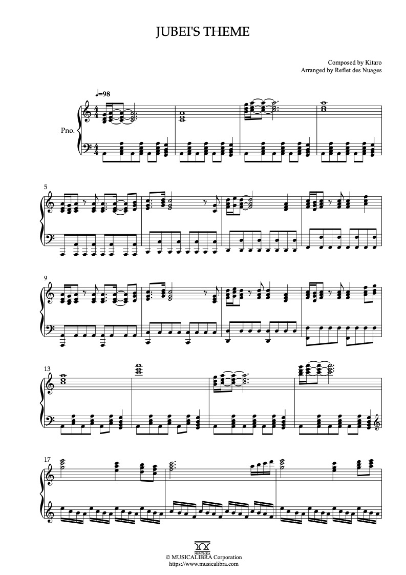 Sheet music of Jubei's Theme arranged for piano solo preview page 1