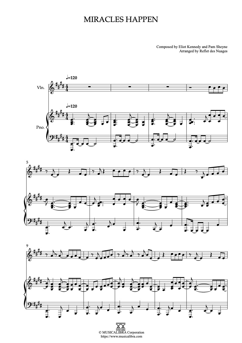 Partitura de Miracles Happen arreglada para dueto de violín y piano
