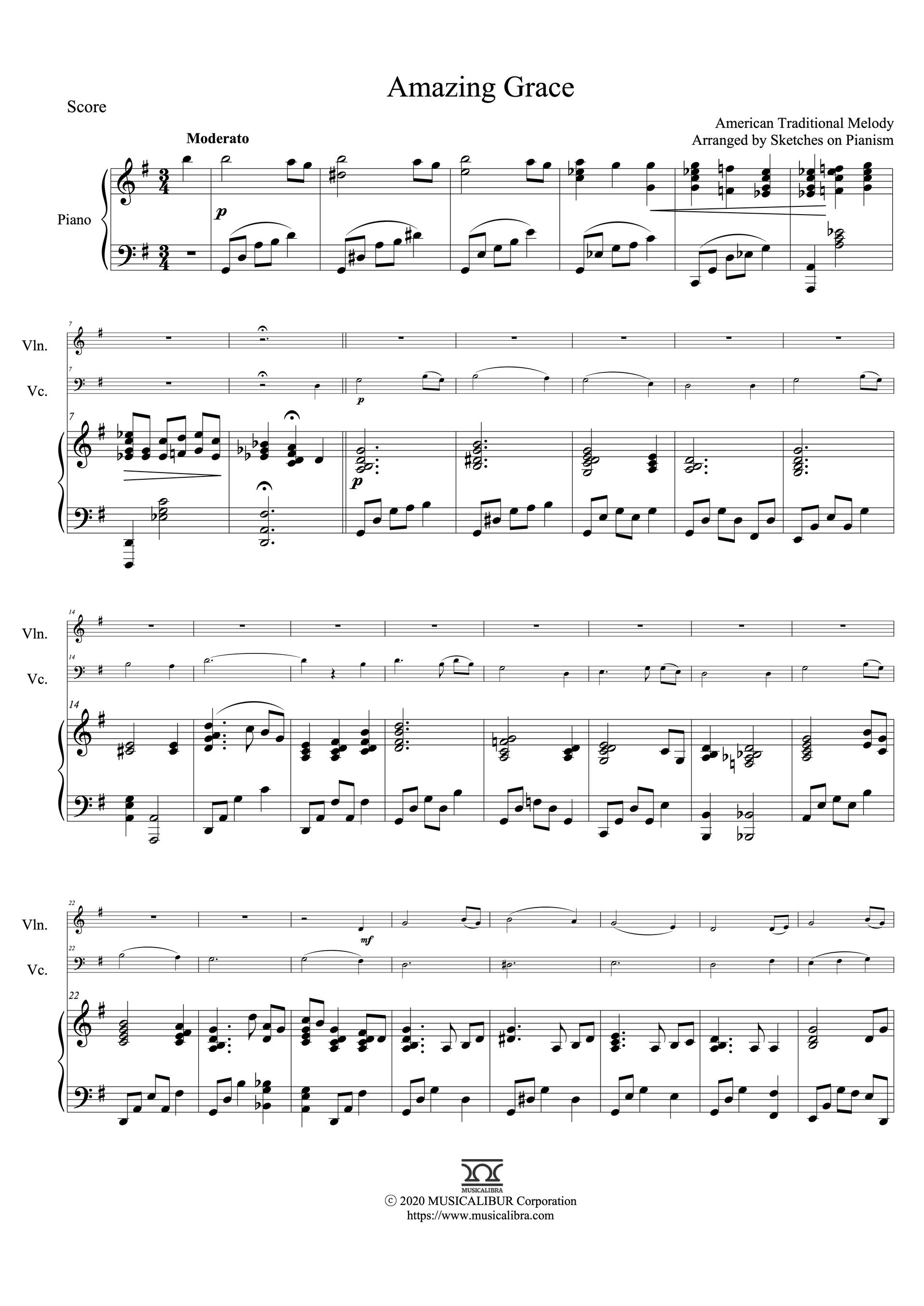 Sheet music of Amazing Grace arranged for violin, cello and piano trio preview page 1
