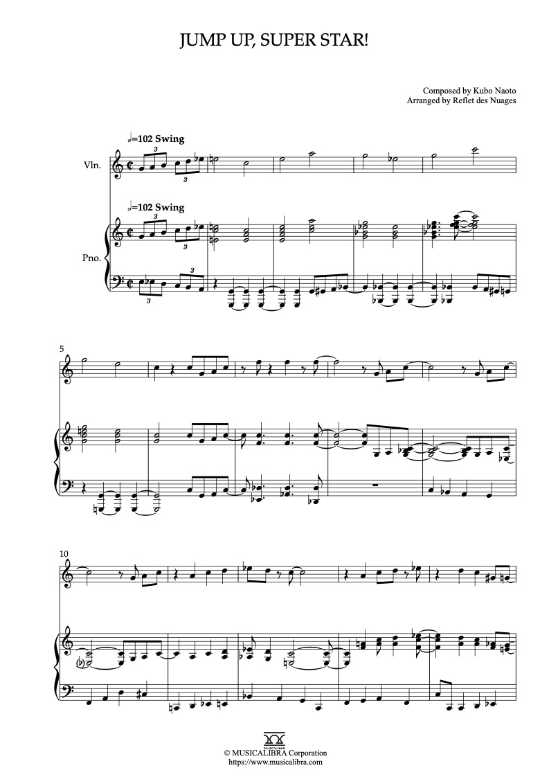 Partitura de Super Mario Odyssey Jump Up, Super Star! arreglada para dueto de violín y piano