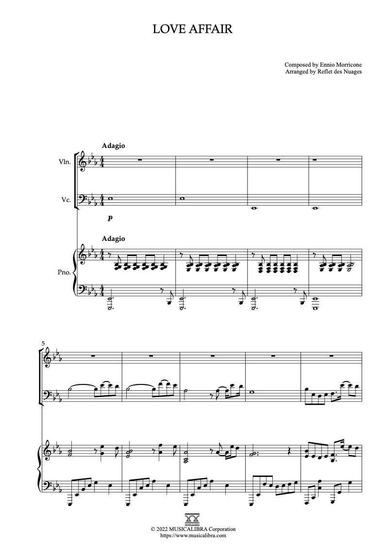 Sheet music of Love Affair arranged for violin, cello and piano trio chamber ensemble preview page 1
