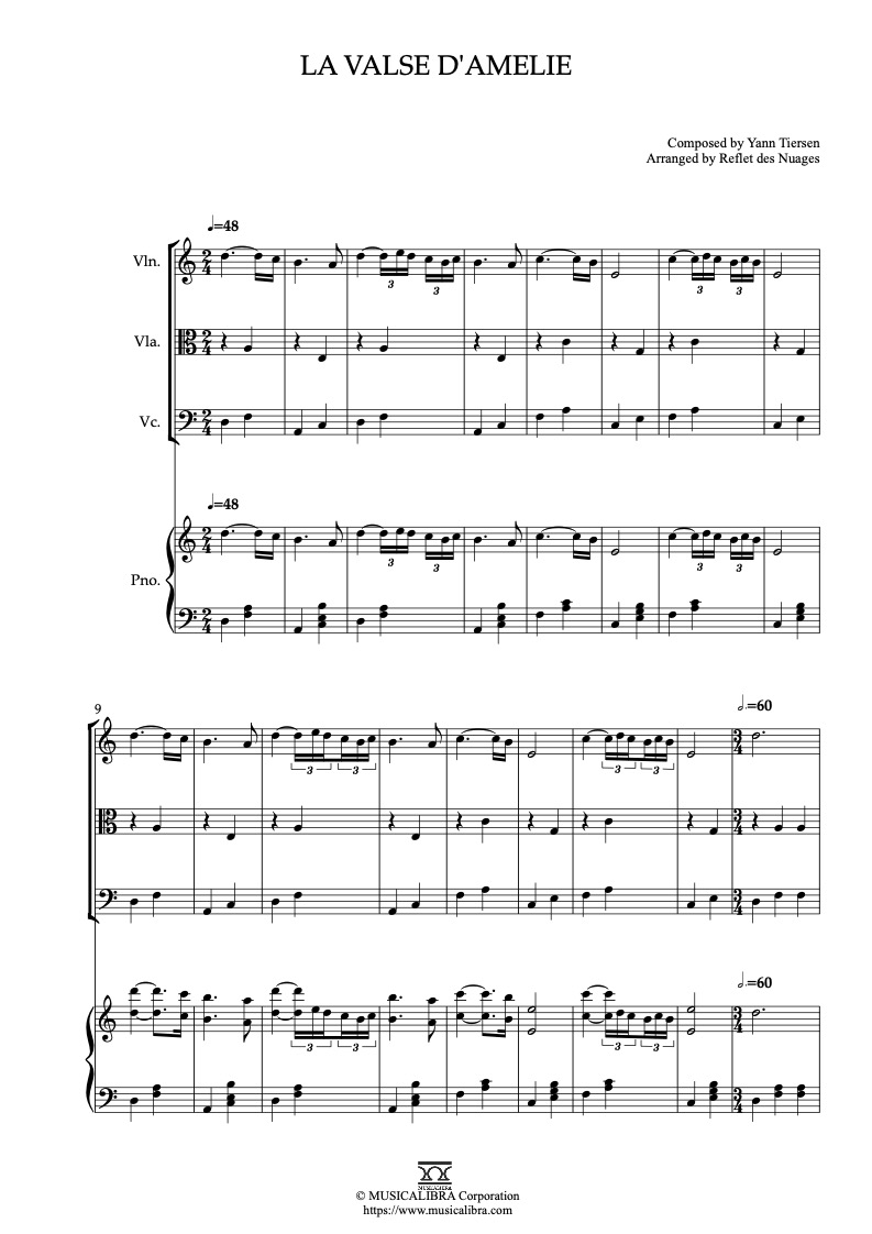 Sheet music of Amélie La valse d'Amelie arranged for violin, viola, cello and piano quartet chamber ensemble preview page 1