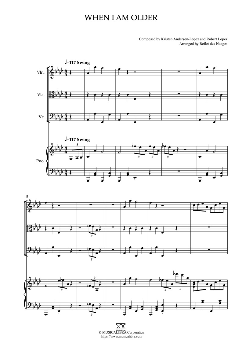 Sheet music of Gabriel Fauré Pavane arranged for violin, viola, cello and piano quartet chamber ensemble preview page 1