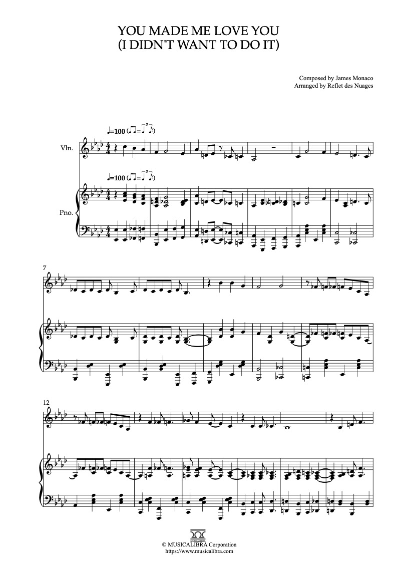 Sheet music of You Made Me Love You (I Didn't Want to Do It) arranged for violin and piano duet chamber ensemble preview page 1
