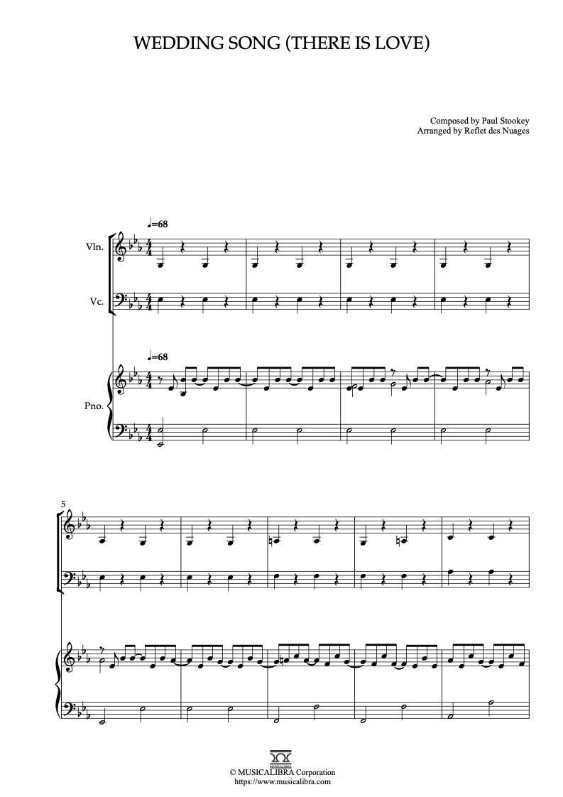 Partitura de Paul Stookey Wedding Song(There Is Love) arreglada para trío de violín, violonchelo y piano