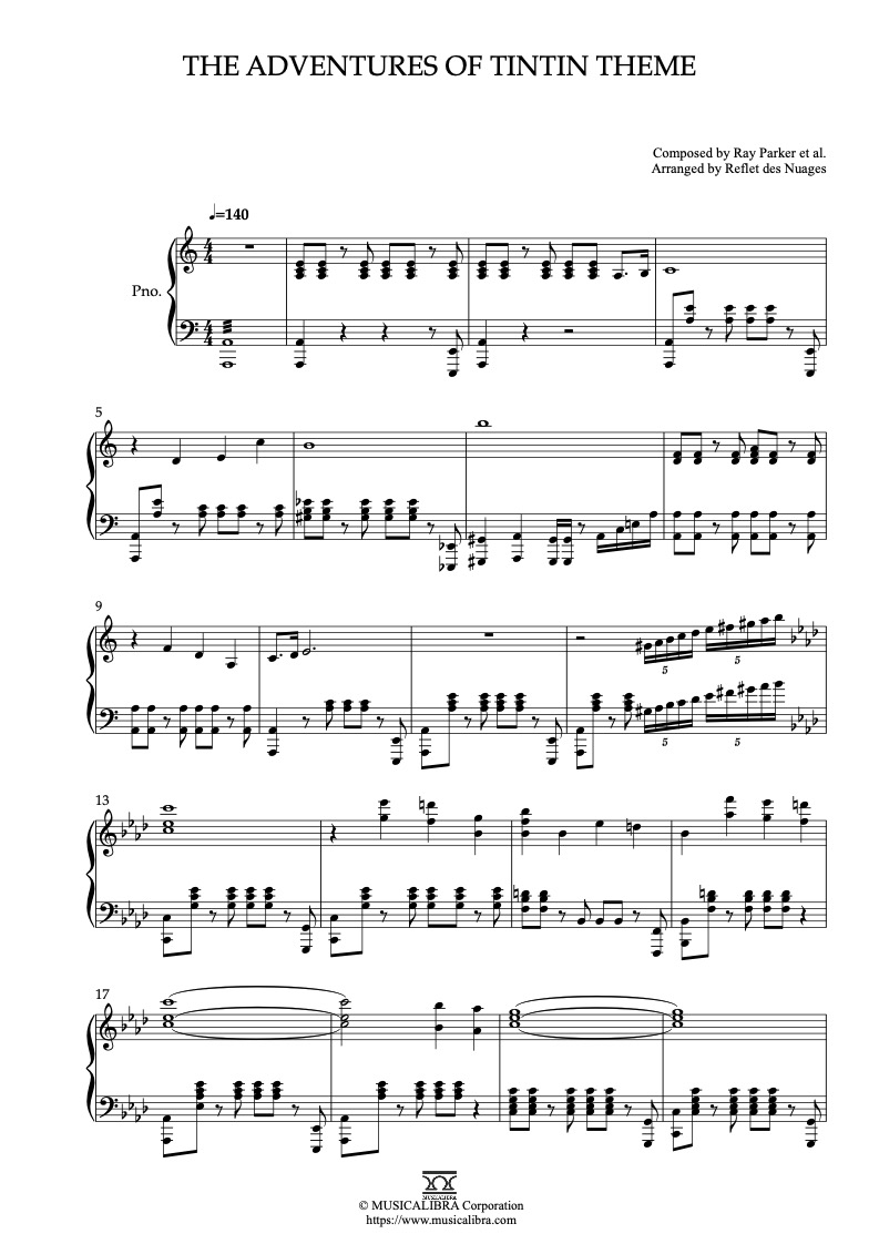 Sheet music of The Adventures of Tintin Theme arranged for piano solo preview page 1