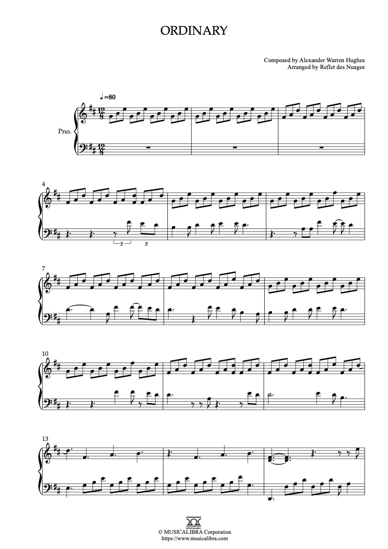 Sheet music of Alex Warren Ordinary arranged for piano solo preview page 1