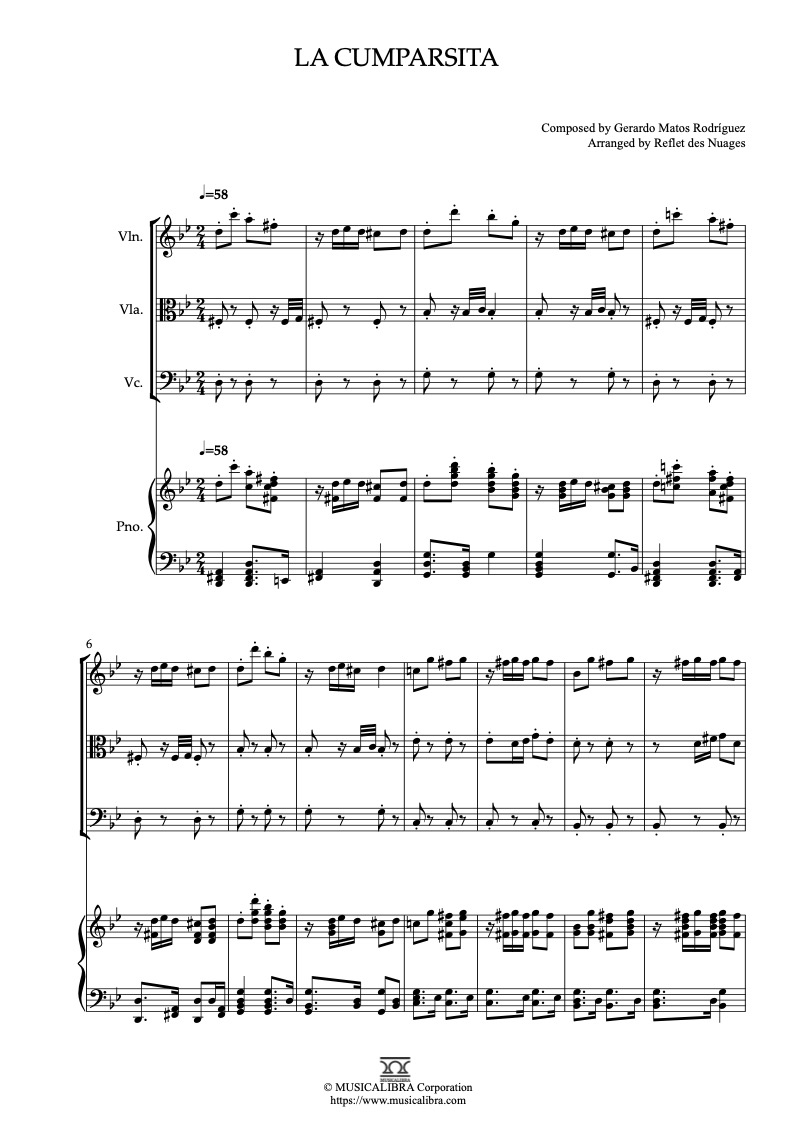 La Cumparsita 四重奏 乐谱 - 小提琴, 中提琴, 大提琴, 钢琴