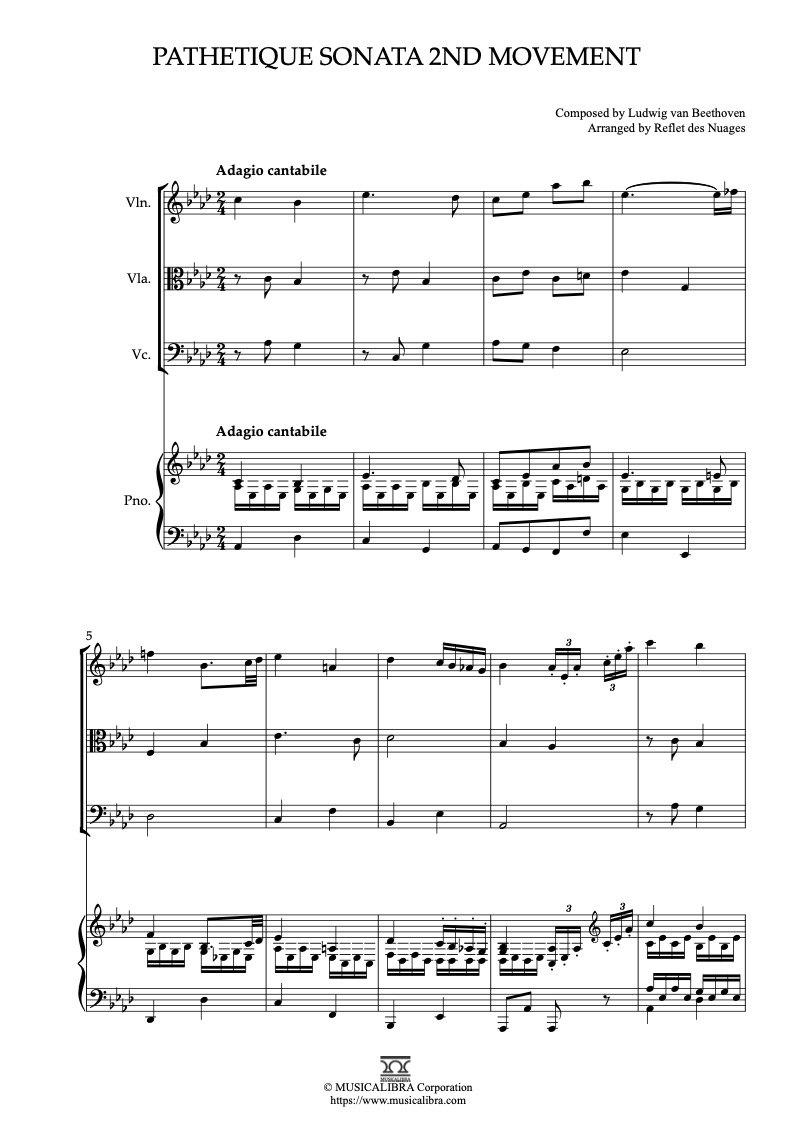 Sheet music of Beethoven Pathetique Sonata 2nd Movement arranged for violin, viola, cello and piano quartet chamber ensemble preview page 1