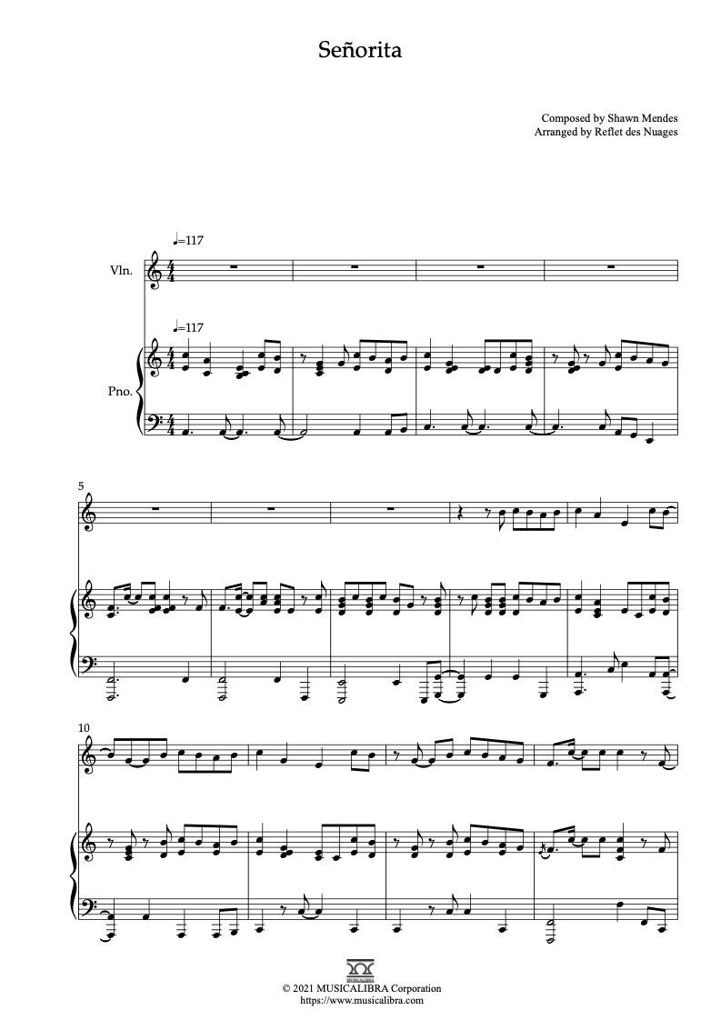 Señorita(Shawn Mendes, Camila Cabello) 編曲楽譜 - ヴァイオリン、ピアノデュエット