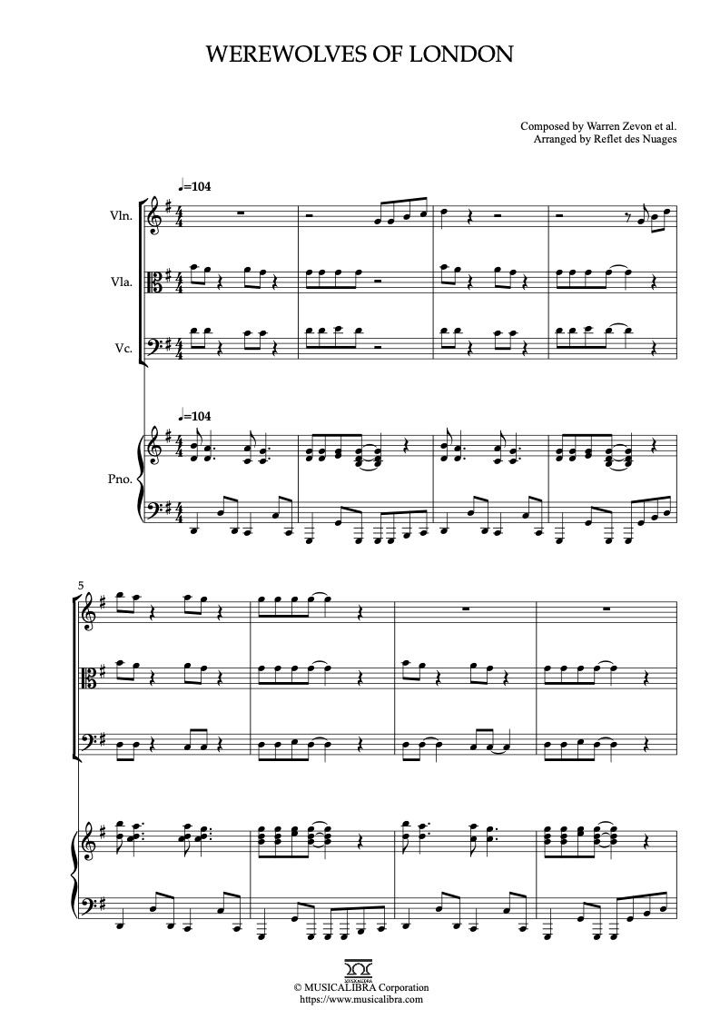 Sheet music of Warren Zevon Werewolves of London arranged for violin, viola, cello and piano quartet chamber ensemble preview page 1