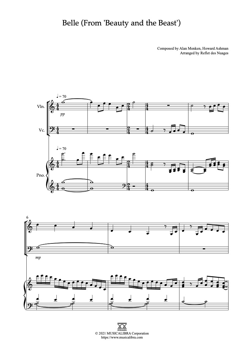 Partitura de Belle(Beauty and the Beast) arreglada para trío de violín, violonchelo y piano