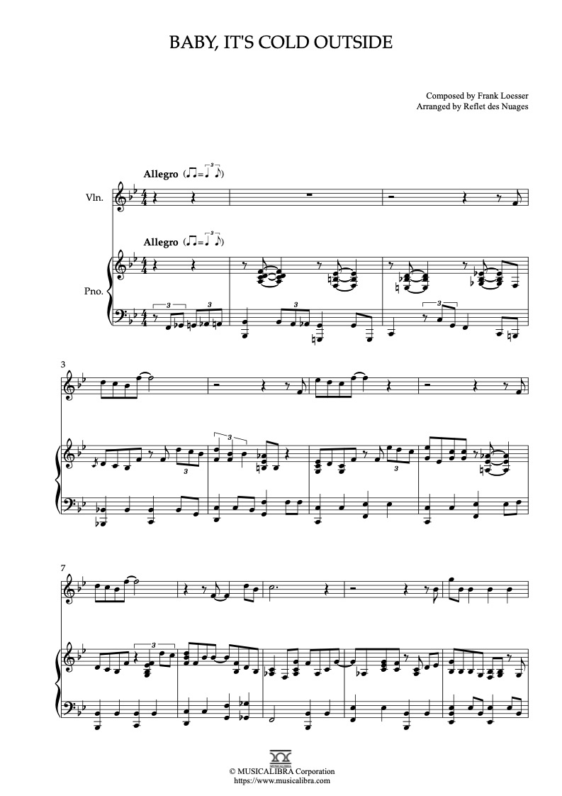 Sheet music of Baby, It's Cold Outside arranged for violin and piano duet preview page 1