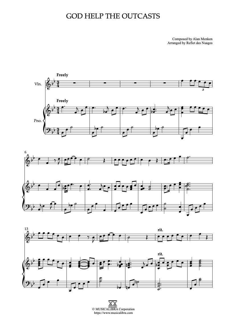 Sheet music of The Hunchback of Notre Dame God Help the Outcasts arranged for violin and piano duet chamber ensemble preview page 1