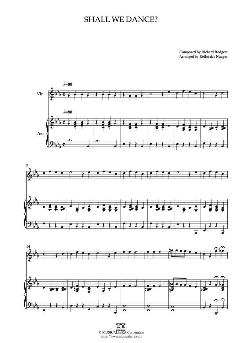 Partitura de The King and I Shall We Dance? arreglada para dueto de violín y piano