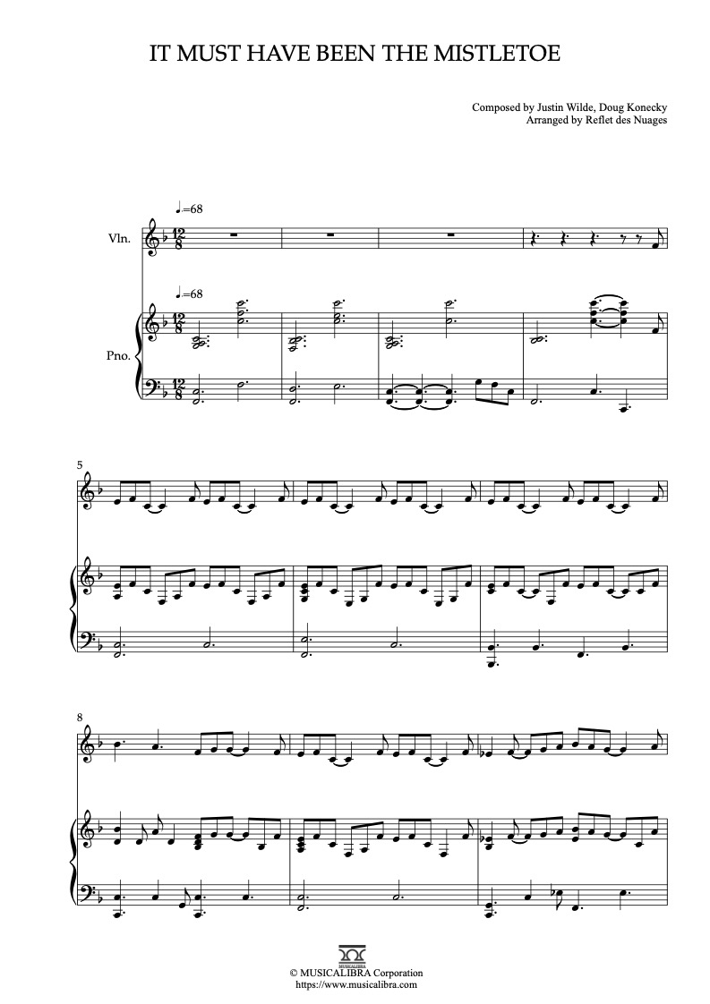 Sheet music of It Must Have Been the Mistletoe arranged for violin and piano duet preview page 1