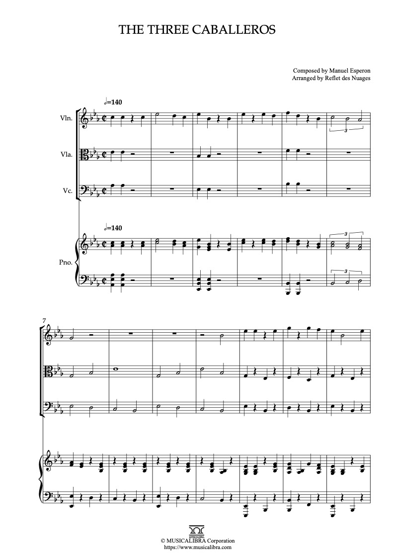 The Three Caballeros 四重奏 乐谱 - 小提琴, 中提琴, 大提琴, 钢琴