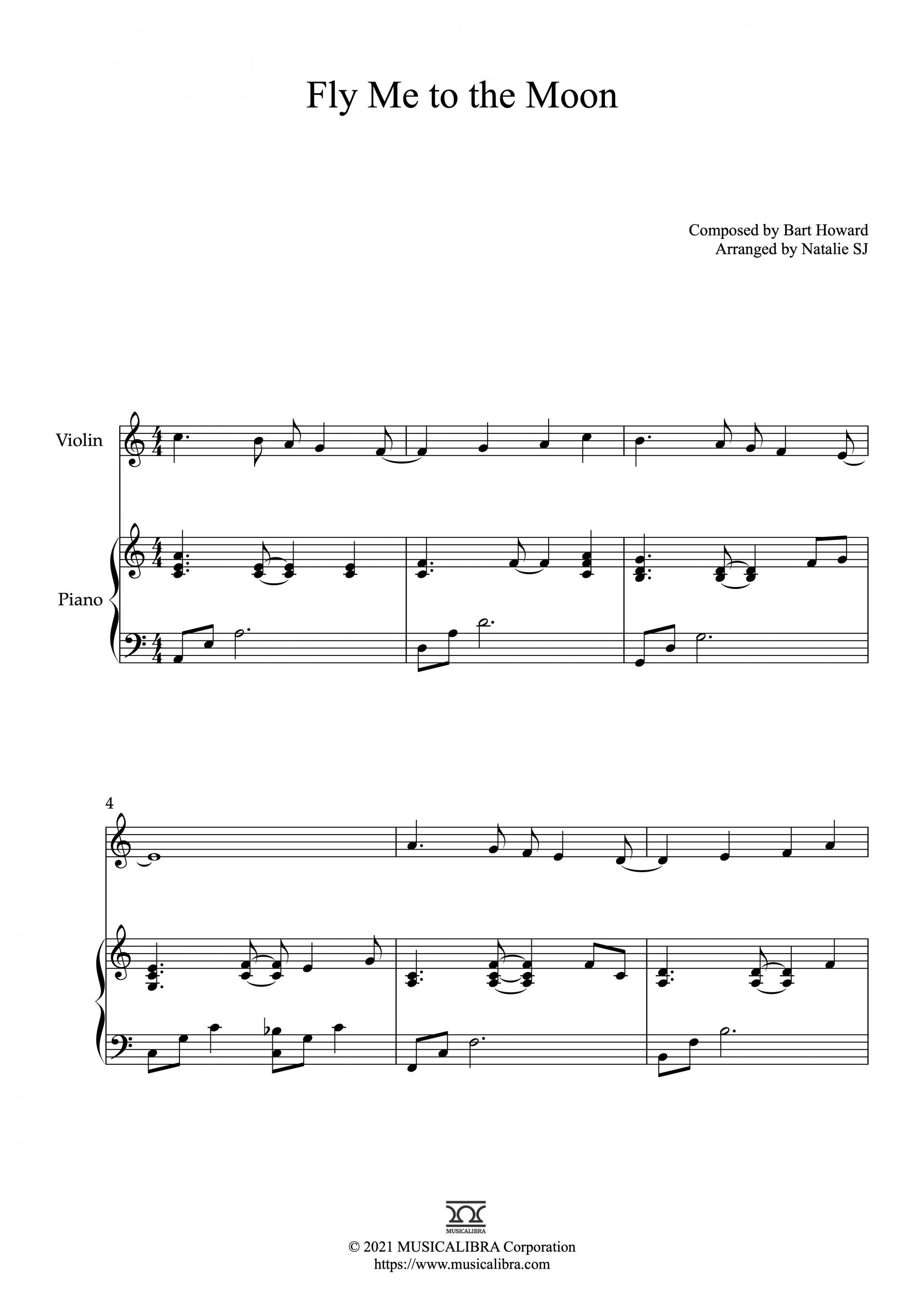 Free Sheet music of Fly Me to the Moon arranged for violin and piano duet preview page 1