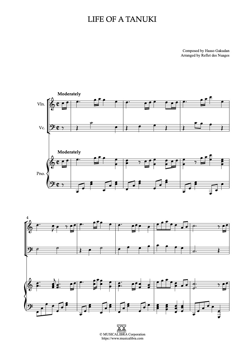 Partitura de Pom Poko Life of a Tanuki arreglada para trío de violín, violonchelo y piano