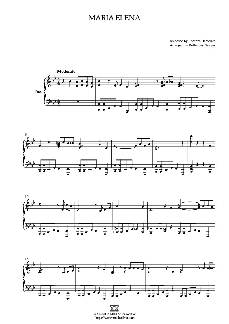 Partitura de Maria Elena arreglada para piano solo