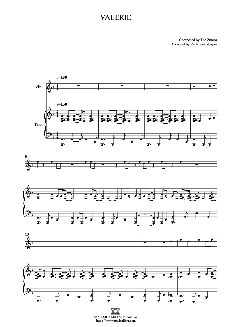 Partitura de Amy Winehouse Valerie arreglada para dueto de violín y piano
