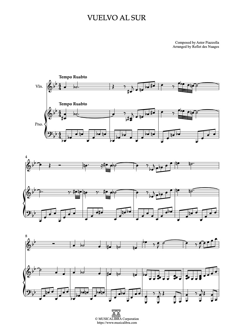 Sheet music of Astor Piazzola Vuelvo al Sur arranged for violin and piano duet chamber ensemble preview page 1