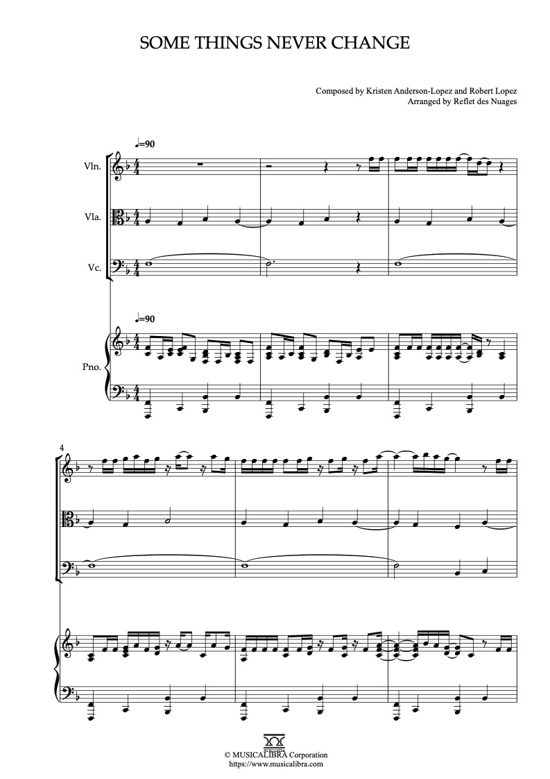 Frozen 2 Some Things Never Change 編曲楽譜 - ヴァイオリン、ビオラ、チェロ、ピアノ 室内楽 カルテット アンサンブル